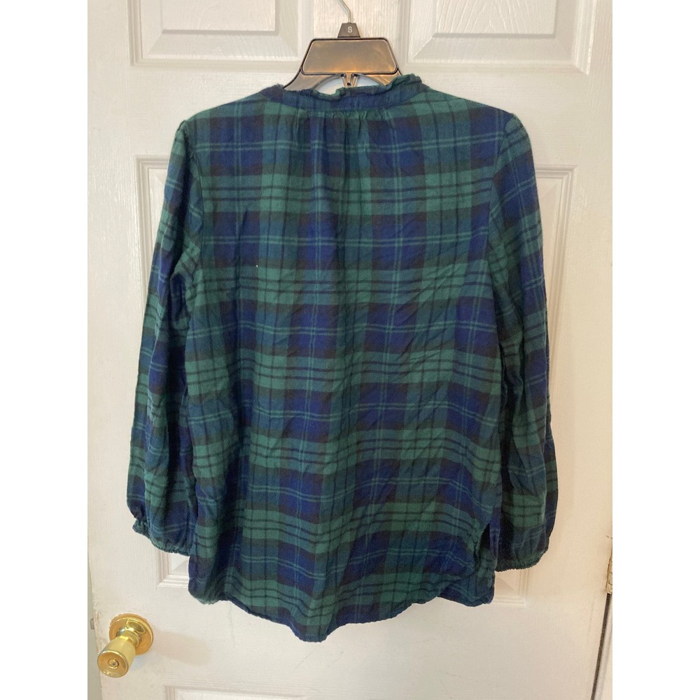 Lands End Womens Green Navy Plaid Ruffle Neck Puff Sleeve Blouse Top Small - Picture 2 of 3
